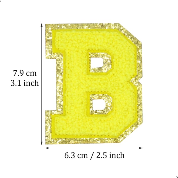 Engelska bokstaven B strykjärnsapplikationer lagningslappar alfabet syapplikationer klädmärken, med guldfärgade glitterkanter, självhäftande baksida (gul B) BYellow