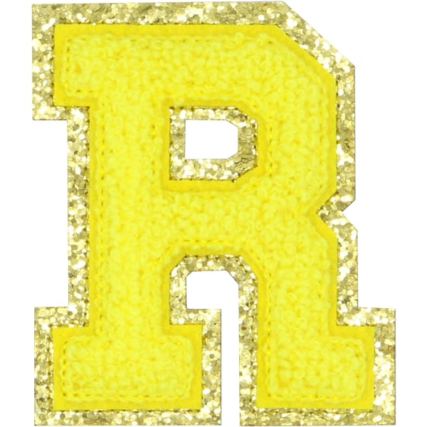 Engelsk bokstav R Stryk på reparasjonslapper Alfabetsøm Applikasjoner Klesmerker, med gullglitterkant, selvklebende klistremerke bak（Gul R）RYGul