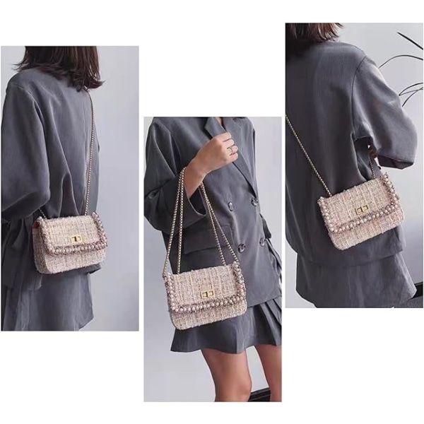 Veske og håndvesker for kvinner Mote Tweed Perle Topphåndtak Veske Skulder Tote Perlekjede Crossbody Clutch Bag