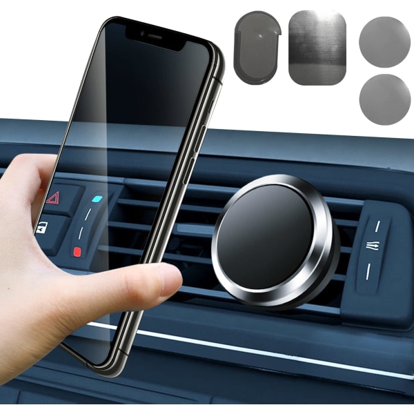 1 stk. mobiltelefonholder for montering i bilen; Med magnet, metallfolie; Bilens luftventilfeste, 360° stereorotasjon, egnet (svart)