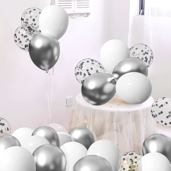 Vita och silverballonger 60 st 12 tums matt vit metallisk silver och konfetti latexballong i bulk för födelsedagsfest Baby ...