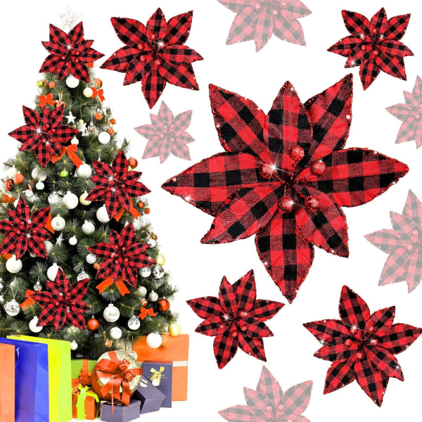 12 delar Buffelpläd julstjärnor Julgransprydnader Konstgjorda julblommor med glitterpulver till jul 6,7 tum (röd och svart)