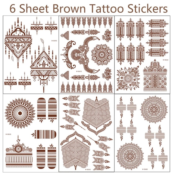 6 Sheets Henna Tattoos Brown Henna Temporary Tattoo Stickers Sexy Lace Waterproof Removable Fake Tattoos Luxury Mandala Flower Design Favors