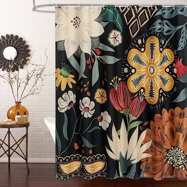 Boho Blommig Duschdraperi, Tropiska Löv Tyg Duschdraperier för Chic Elegant Badrumsinredning, Modern, 72x72