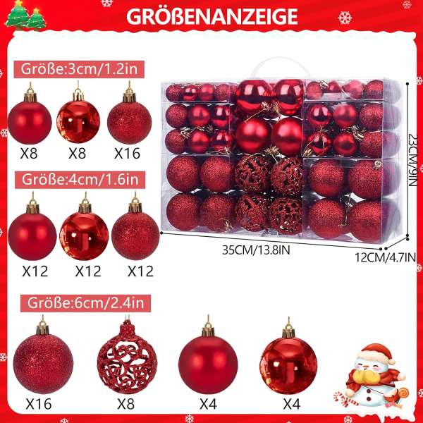 Pack of 100 Red Christmas Baubles for Christmas Tree, Glittering, Opaque, Shiny Decorations, Diameter 3, 4 and 6 cm