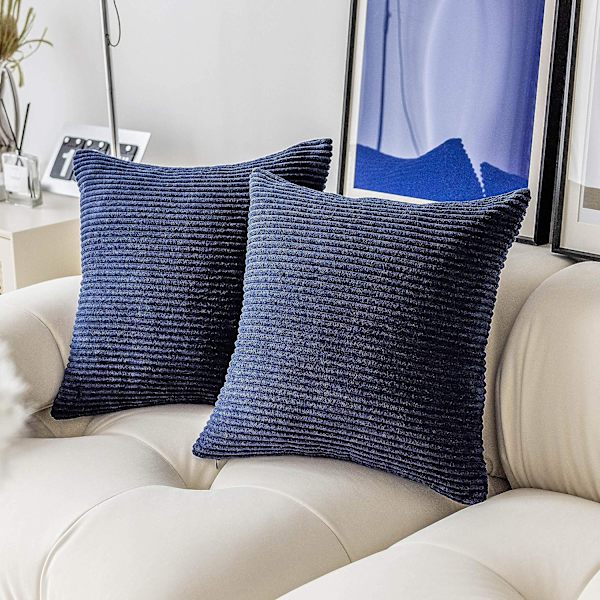Blå Pudebetræk til Sofa Navy Dekorative Pudebetræk Sæt af 2 Stribet Plys Corduroy Sofa Bænk Soveværelse, 18x18 tommer, Navy Blå