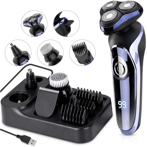 Elektrisk barbermaskin for menn, 4 i 1 roterende barbermaskin for menn, skjeggtrimmer, elektrisk barbermaskin vanntett USB hurtiglading