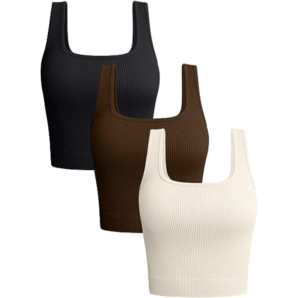 3-delade linne damer Ribbade sömlösa träningströjor Yoga Crop Tops (stora)