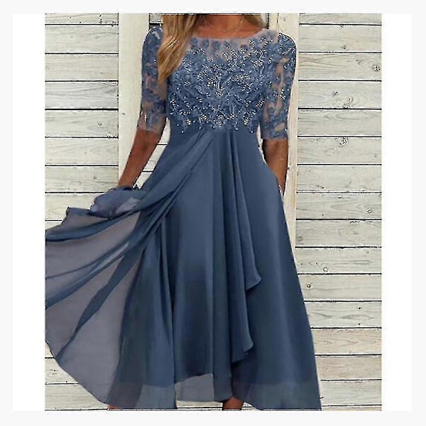 Kjole med blondeapplikasjoner Midi Kortermet Aftenkjoler Casual Allsidig Kjole For Bryllup L Blue