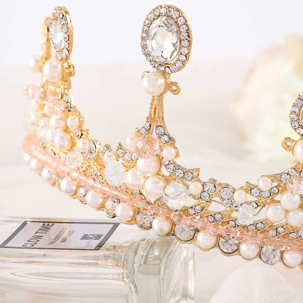 Fdesigner Barokk Bryllupskrone og Tiaraer Rose Gull Perle Rhinestone Brud Krone Dronning Tiara Prinsesse Krone for Kvinner og Jenter