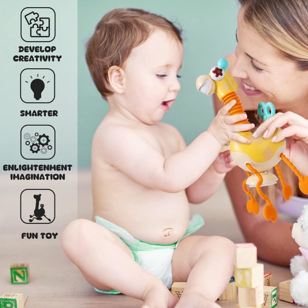 Sanselegetøj til småbørn,Monterssori teleskopisk sugekop Giraffegetøj,Træksnor aktivitetslegetøj i fødevarekvalitet med halspoprør
