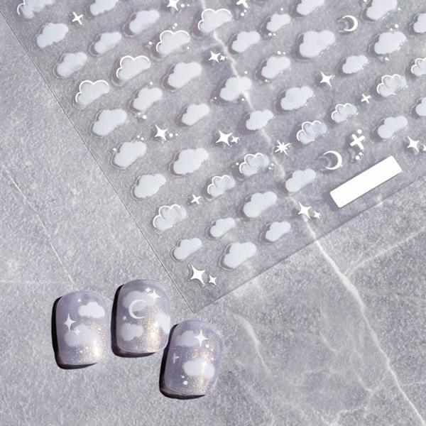 Yön taivas kynsien taidetarra tarrat 3D valkoiset kukat kuu tähti pilvi kuvio kynsien kärjet puoliläpinäkyvä muotoilu muoti viehätys DIY varpaankynnet(3 arkkia)