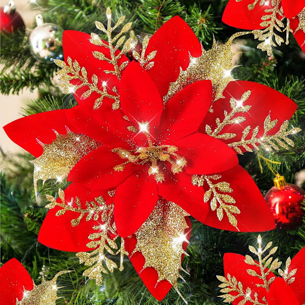 Heyone 24st julstjärna konstgjorda julblommor dekorationer med klämmor