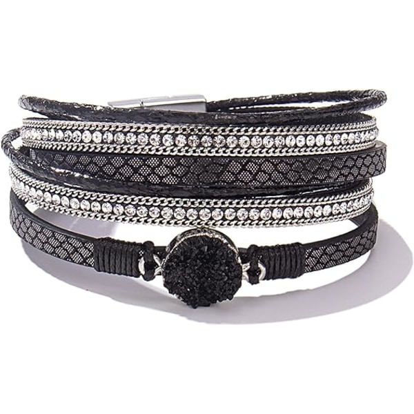 Boho Wrap Armband Läder Manschett Armband Bohemian Smycken Harts Harts Läder Halsband med Spänne för Kvinnor