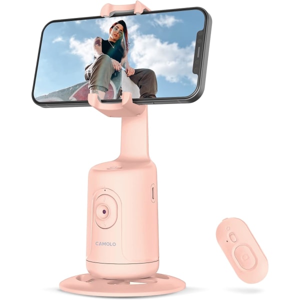 Automatisk ansiktssporingsstativ med fjernkontroll, 360° rotasjon Autosporingstelefonholder, ingen app, Smart Phone Selfie Sticks Tripod (rosa)