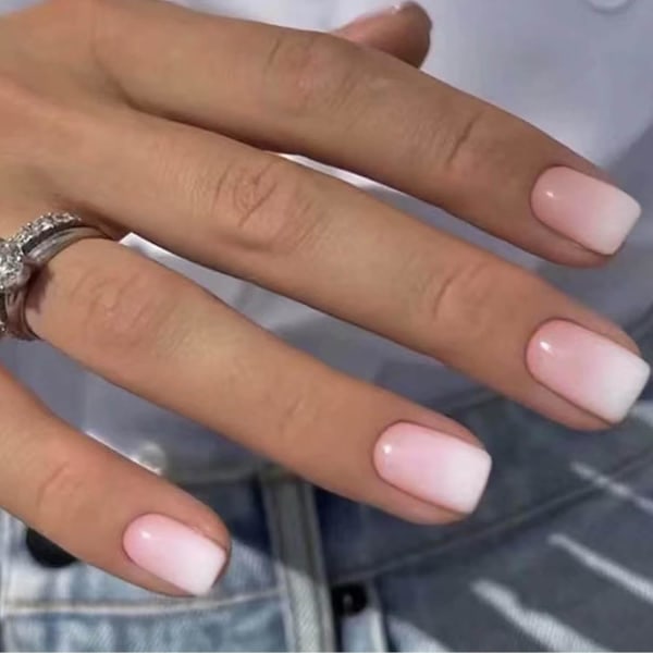Fyrkantigt tryck på naglar Korta falska naglar Fransk akryl heltäckande cover för kvinnor och flickor 24 st (vit rosa)