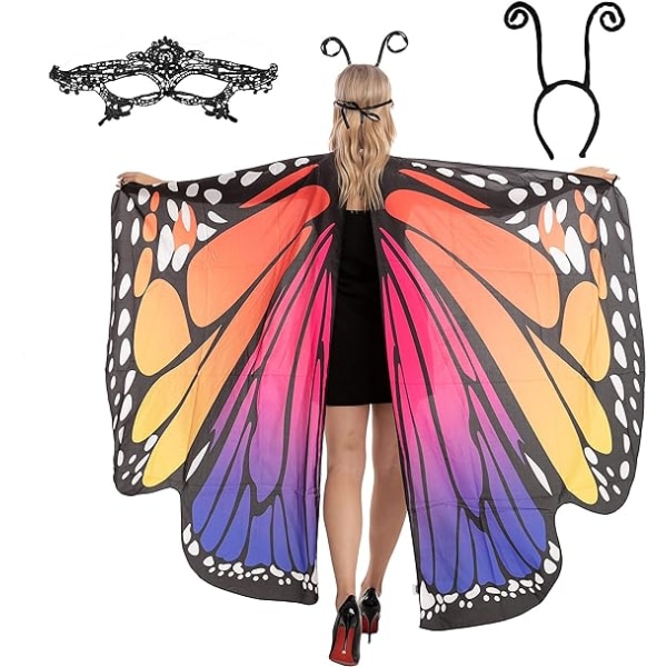 Butterfly Wing Cape sjal med blondemaske og sort fløjlsantenne pandebånd