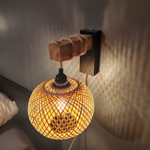 Liitäntäseinävalaisimet, 2 kpl, Rattan-seinävalaisin Boho-villasin, seinäkoriste, seinälamppu pistokkeella, riippuvat lamput, jotka liitetään pistorasiaan
