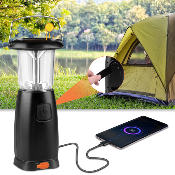 Solar LED campinglampe, Solar campinglampe, genopladelig led lanterne, bærbar led lampe med 3 lystilstande, håndsving klasse A+]