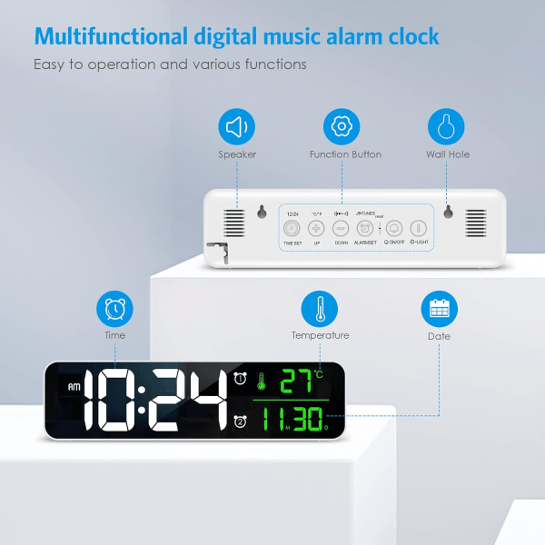 Digital klocka Stor skärm, senaste 10,5-tums digital väggklocka för vardagsrummet, LED-spegelklocka med 40 musik, 2 larm, 6 ljusstyrkedimmer, 4 volymer