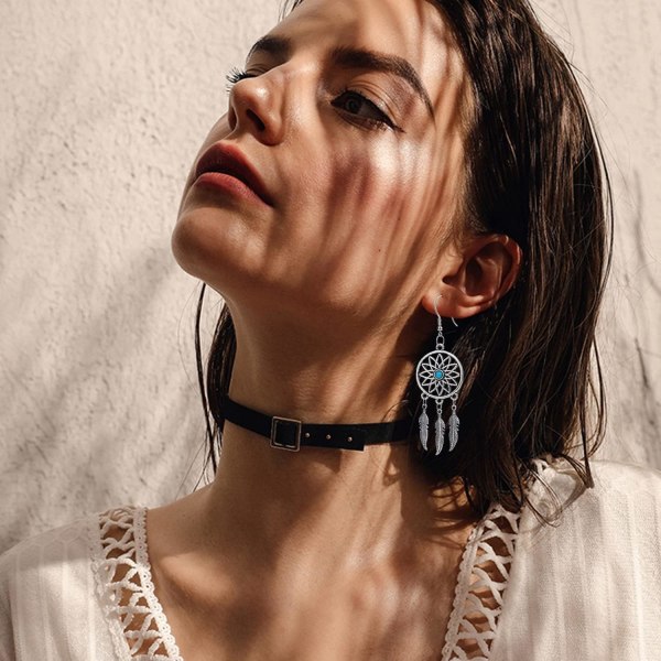 Kvinde Retro Sølv BOHO Stil Metal Dangle Drop Øreringe Dream Catcher Statement Feather Dangle Tassels Turkis Øreringe til Kvinder Piger