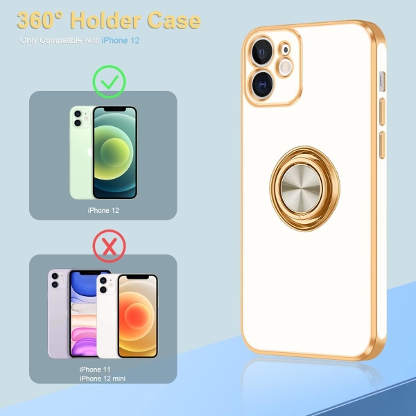 iPhone 12 Case with 360° Rotatable Ring Holder Magnetic Kickstand, Shiny Plating Gold Edge, Slim Soft, White