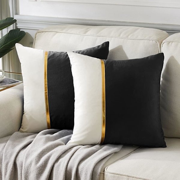 2 Pack Svart Dekorativa Kuddfodral 18x18 Tum för Vardagsrumssoffa Säng, Svart och Vitt Sammet Patchwork med Guld Läder 45x45 cm