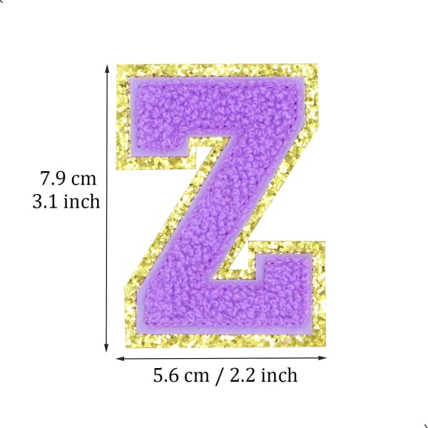 Englanninkielinen kirjain Z Silitä korjauspaikat Aakkoset Ompelu Applikaatiot Vaatemerkit, kultaisella kimaltelevalla reunuksella, liima takatarra (violetti Z) ZPurple