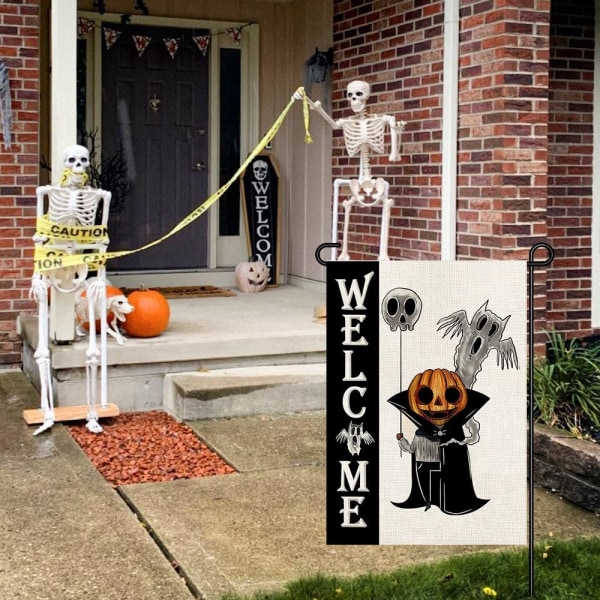 Sesongbaserte hageflagg tosidig burlap 12x18 tommer Velkommen vårferie Hageflagg, Liten hageflagg for utendørsdekorasjoner (halloween-skjelett)