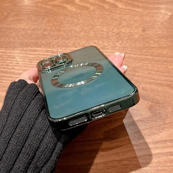 iPhone 13 Pro Max -kotelo, magneettinen, läpinäkyvä, kameran linssisuojalla, täydellinen suojaus, MagSafe, sähköpinnoitettu silikoni, 6,7 tuumaa - alppikuusivihreä