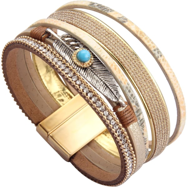 Heyone Dam Läder Manschett Armband Fjäder Multi Strand Armband Wrap Armband Turkos Boho Armband Flätad Läder