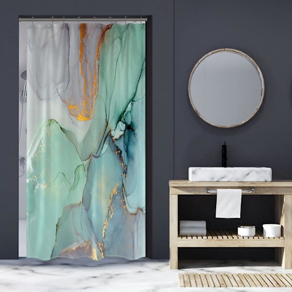 Marmor bruseforhæng, blå grøn lilla jade tekstur guld striber ombre akvarel maling, moderne blækkunst dekoration vandtæt, 71 x 71