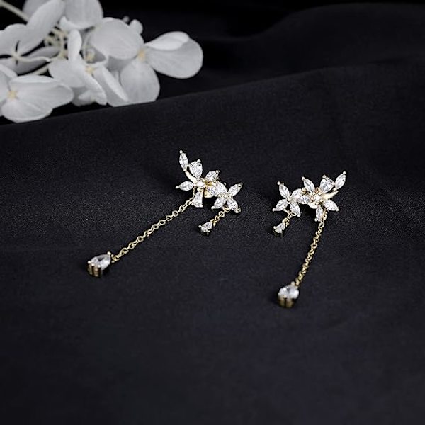 925 Sterling Sølv CZ Blomster Wrap Øreringe Dangle Kæde til Kvinder Piger Elegant Dangling Øreringe