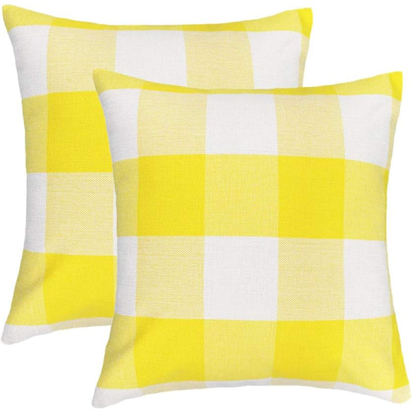 Sæt med 2 Farmhouse Buffalo Check Plaid pudebetræk pudebetræk polyester linned til sommerhjemmeindretning gul og hvid, 18 x 18 tommer