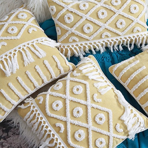 Boho Tufted Fringe Pudebetræk Dekorative Geometriske Mønster Kvadratiske Pudebetræk (Geometrisk C, 18\"x18\")
