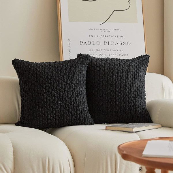 2 paket dekorativa kuddfodral för soffa utomhuskuddar cover 16x16 randiga sammets kuddfodral, set om 2, 40 cm x 40 cm, 16 x 16 tum, svart