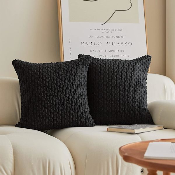 Kordkuddeöverdrag Randiga Kvadratiska Kuddfodral med Ränder Fodral för Sovrum Soffa Vardagsrumssoffa, Set med 2, 18x18 Tum, Svart