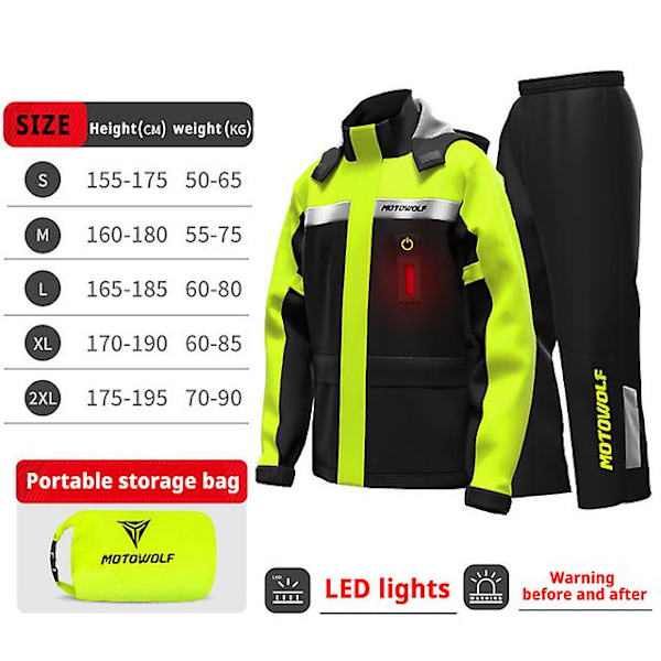 Motorcykel Regnjacka Byxor LED Varning Regnrock Delad Dräkt Reflekterande Vattentät Keps Ogenomtränglig För Ridning Cykling Motocross Black Yellow LED M
