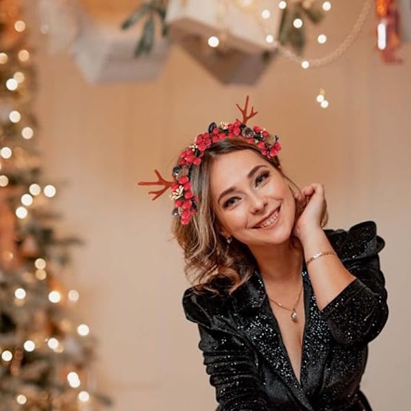Julehodebånd med reinsdyrgevir, julehårbøyle, hodeplagg med bær, julefest, hodeplagg for kvinner og jenter