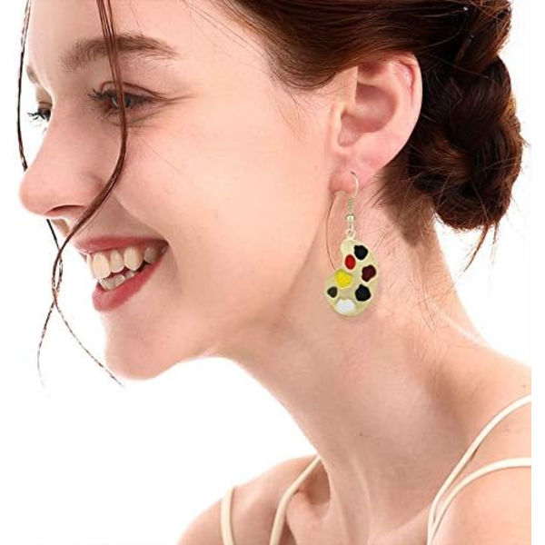 Heyone Charm Chic Artist Matte Gold Palett Maling Pensel Dangle Drop Øredobber for Kvinner Jenter Kunstner Kunstlærer Statement Smykker Gaver