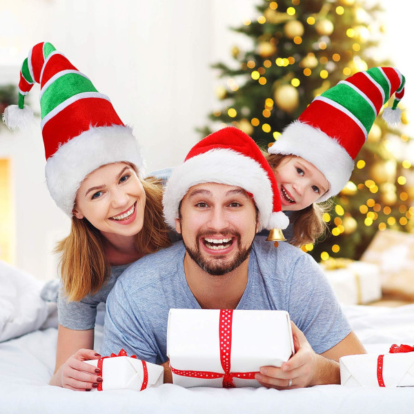 2 styks lange stribede julehatte i kunstpelsnisse alverhat nissekonfekthat til julefest Kostumetilbehør (Rød Grøn Hvid)