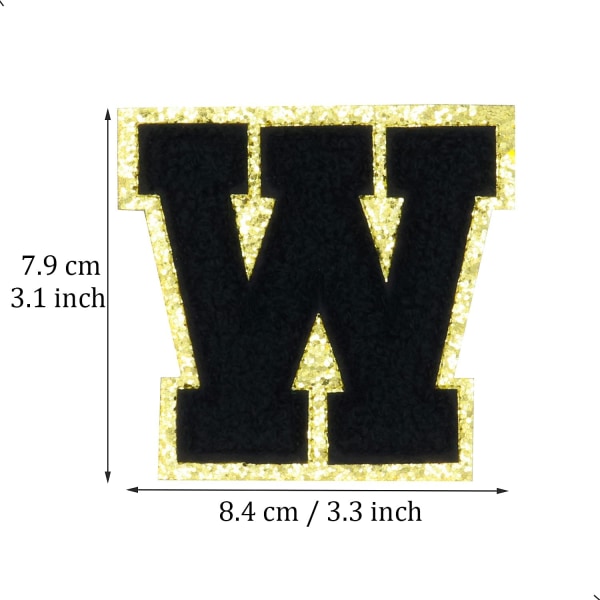 Engelska bokstaven W Stryk på reparationslappar Alfabetsömnad Applikationer Klädmärken, med guldglitterkant, självhäftande bakdekal（Svart W）Wsvart
