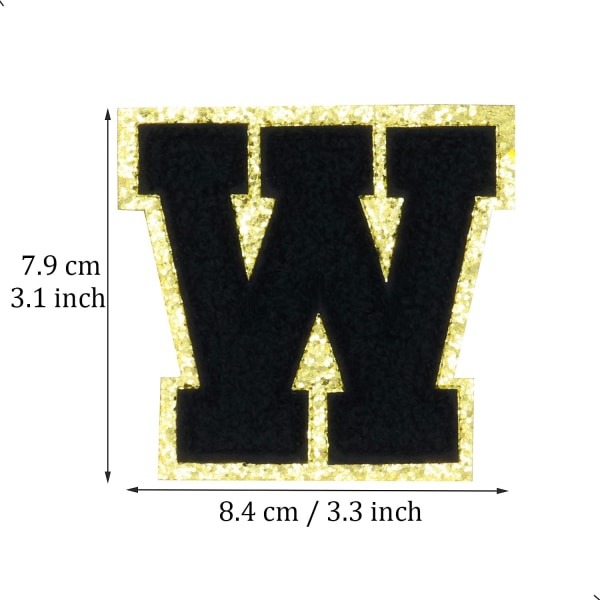 Englannin kirjain W -silitysmerkit, korjauslaastarit, aakkoset, ompelutarvikkeet, vaatemerkit, kultaiset glitter-reunat, liimattava tarra (musta W) WMusta