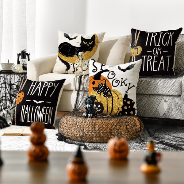 Happy Halloween Boo Black Cat Trick or Treat Throw Pillow Covers, 18 x 18 Inch Spooky Pumpkin Bat Cushion Case for Sofa Couch Set of 4