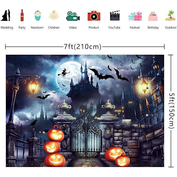 Halloween-yön Täysikuu Taustakangas Kurpitsa Lepakko Kauhu Valokuvajuhlat Linna Haamu Teema Tausta Koriste Lapsille (7x5FT(210X150cm))