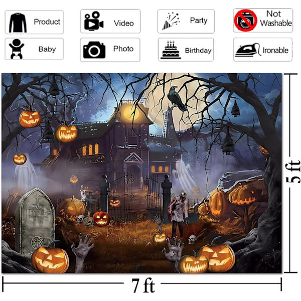 Halloween-teemainen valokuvaustausta 7x5ft Pelottava haamulinna Kuu Yö Pelottava Kurpitsa Lyhty Varis Valokuva Tausta Kauhulle