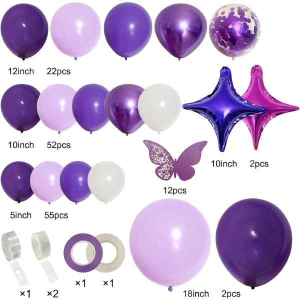 150pcs Purple Balloon Garland Kit with Butterfly Stickers Foil Balloon, White Macaron Metallic Purple Confetti Balloons Arch