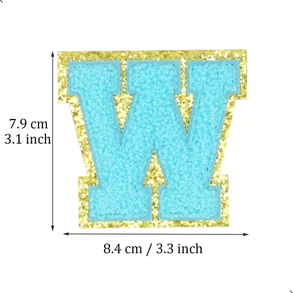 English Letter W Iron On Repair Patches Alphabet Sewing Appliques Clothing Badges, with Gold Glitters Border, Adhesive Back Sticker（Blue W）WBlue