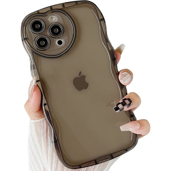 iPhone 13 Pro Max 6.7\" -kotelo, söpö läpinäkyvä rakkaus-kotelo, sydänmuotoinen kamerakehys, aaltoileva reuna, täysin läpinäkyvä musta