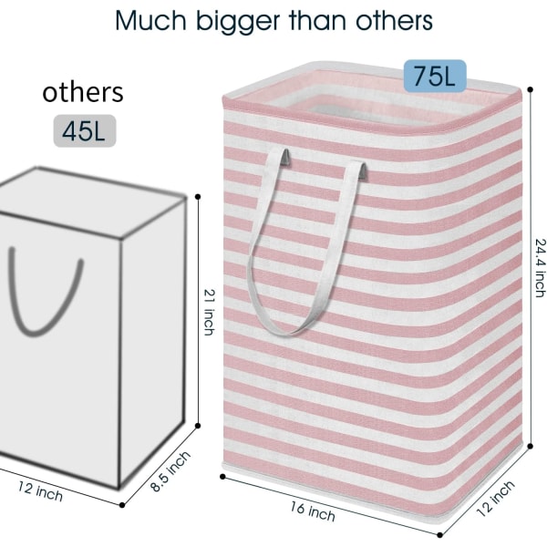 Pyykkikori, 75L Suuri Kasaantaittuva Korkea Pyykkikori Kahvoilla, Vedenkestävä Itsestään Seisova Vaatekori, 62 cm (K), Vaaleanpunainen